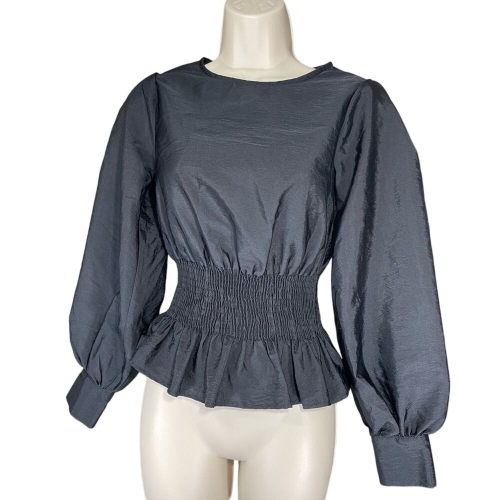 Top shop Peplum Blouse W/ 2 Black Smocked Puff Sleeve 13O59TBLK LN/NWOT - Picture 2 of 11